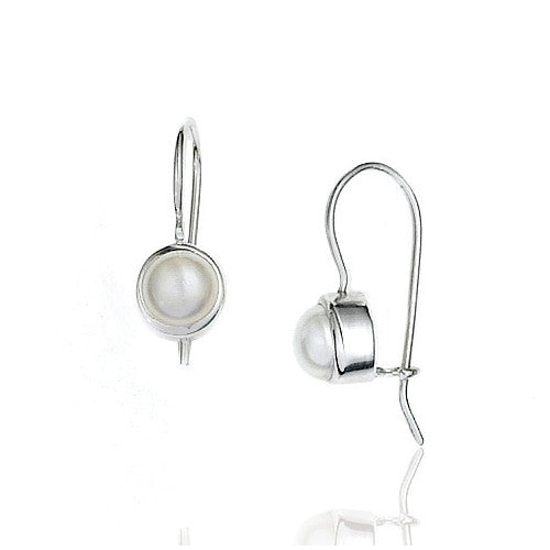 E005084 - 6mm Bezel Set White Pearl and Sterling Silver Euro Back Earrings