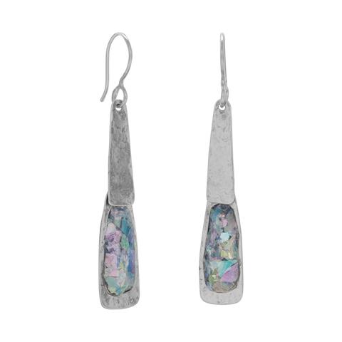 E005363^ - Oxidized Sterling Silver and Ancient Roman Glass Long Drop Earrings