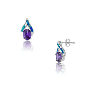 E028016 - Oval Amethyst CZ and Inlay Opal Ribbon Earrings