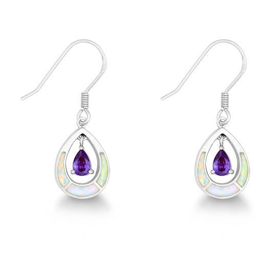 E028050 - White Opal and Amethyst Cubic Zirconia Tear Drop French Wire Earrings