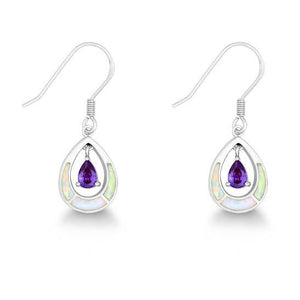 E028050 - White Opal and Amethyst Cubic Zirconia Tear Drop French Wire Earrings