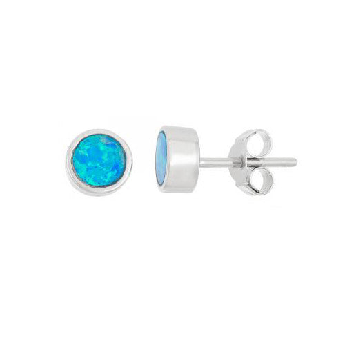 E028089 - Round Bezel Set Inlay Blue Opal Stud Earrings