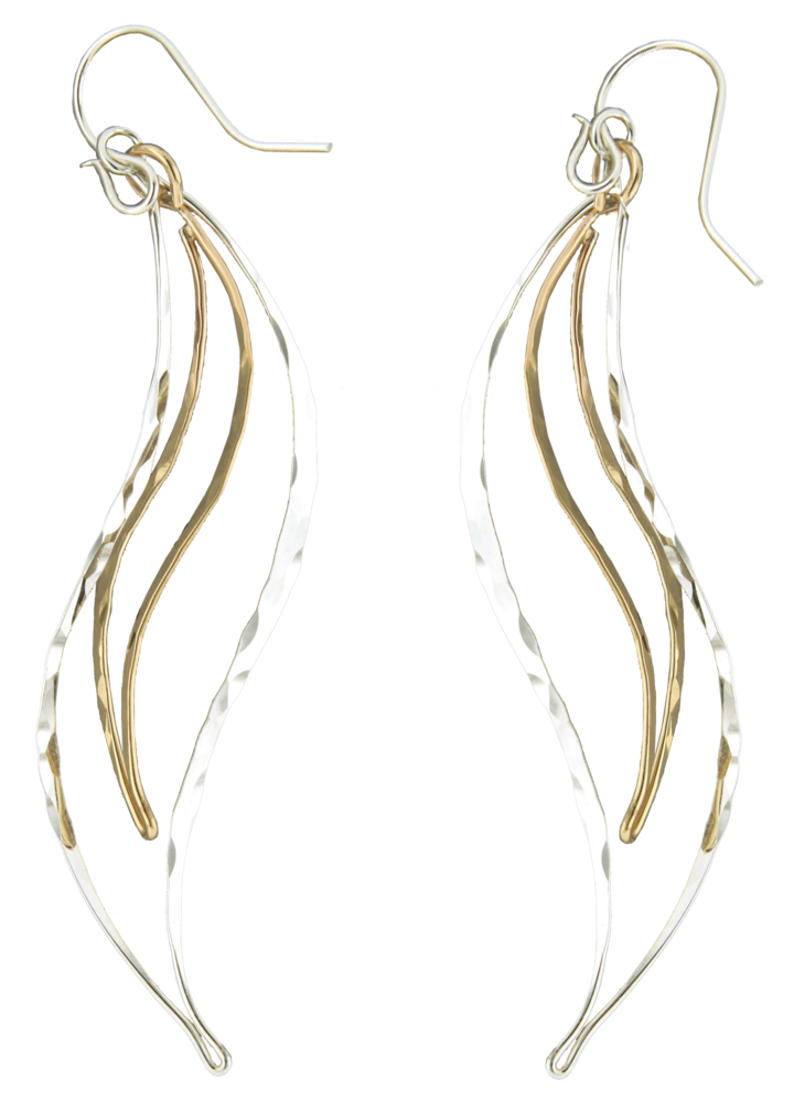 E064015 - Long Hammered Sterling Silver and Gold-Filled Curvy Wire Earrings