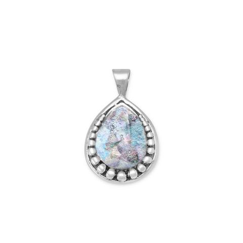 N005304* - Pear Shaped Sterling Silver and Roman Glass Necklace
