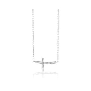 N028013 - Sterling Silver and Cubic Zirconia Curved Sideways Cross Necklace