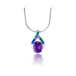 N028038 - Oval Amethyst Cubic Zirconia and Inlay Opal Ribbon Necklace
