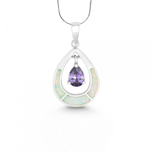 N028072 - White Opal and Amethyst Cubic Zirconia Tear Drop Necklace