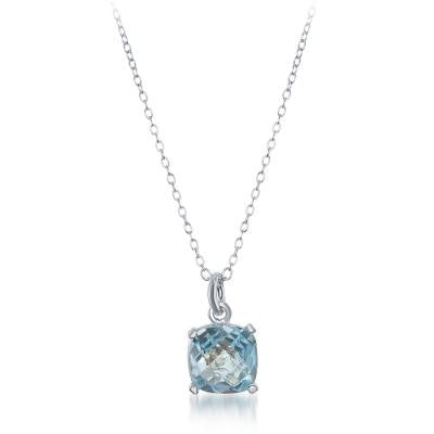 N028097 - Rounded Square Blue Topaz and Sterling Silver Single Drop Necklace