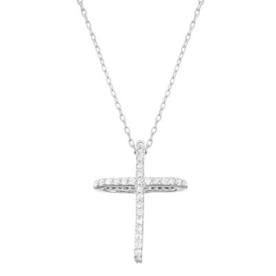 N028113 - Sterling Silver and Cubic Zirconia Cross Necklace