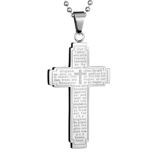 N047005 - Polished Stainless Steel Lord's Prayer Cross Necklace, 24"