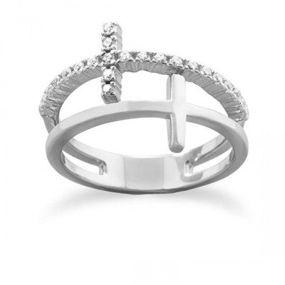 R005079 - Sterling Silver and Cubic Zirconia Double Cross Ring
