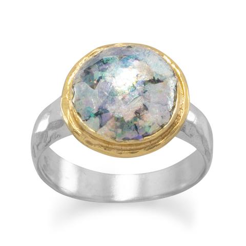 R005082 - Sterling Silver, 18k Gold Plating and Roman Glass Ring