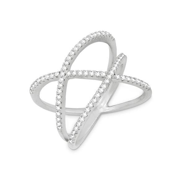 R028039 - Sterling Silver and Cubic Zirconia Double Off Center Criss Cross Ring