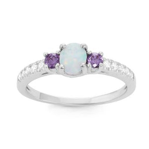 R028041 - Oval White Opal Ring with Amethyst and CZ Accents