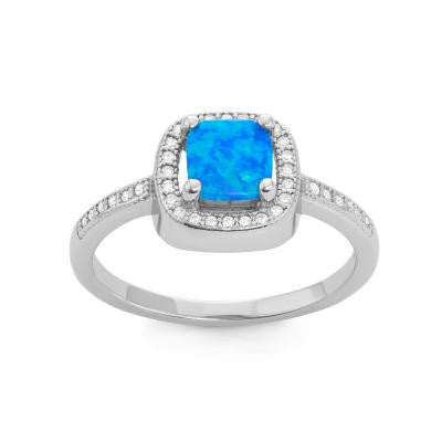 R028042 - Square Blue Opal Inlay, CZ and Sterling Silver Ring