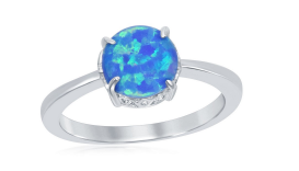 R028068 - Sterling Silver Four-Prong Round Blue Inlay Opal Ring