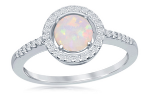R028071 - Sterling Silver Round White Opal with CZ Halo Ring